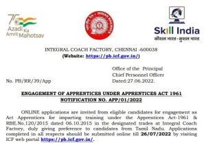 Integral Coach Factory, Chennai Apprentice – 876 Posts Recruitment 2022