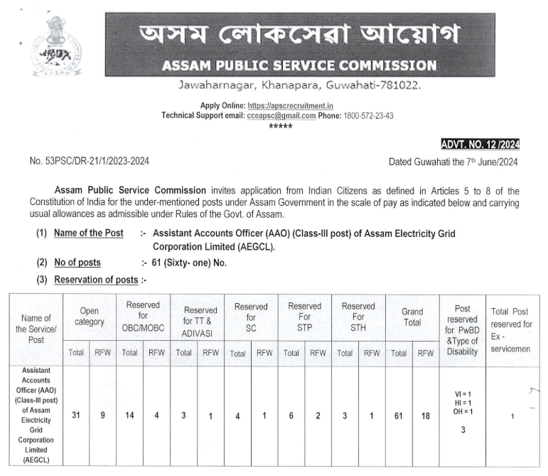 Assam PSC AAO Recruitment under AEGCL 2024