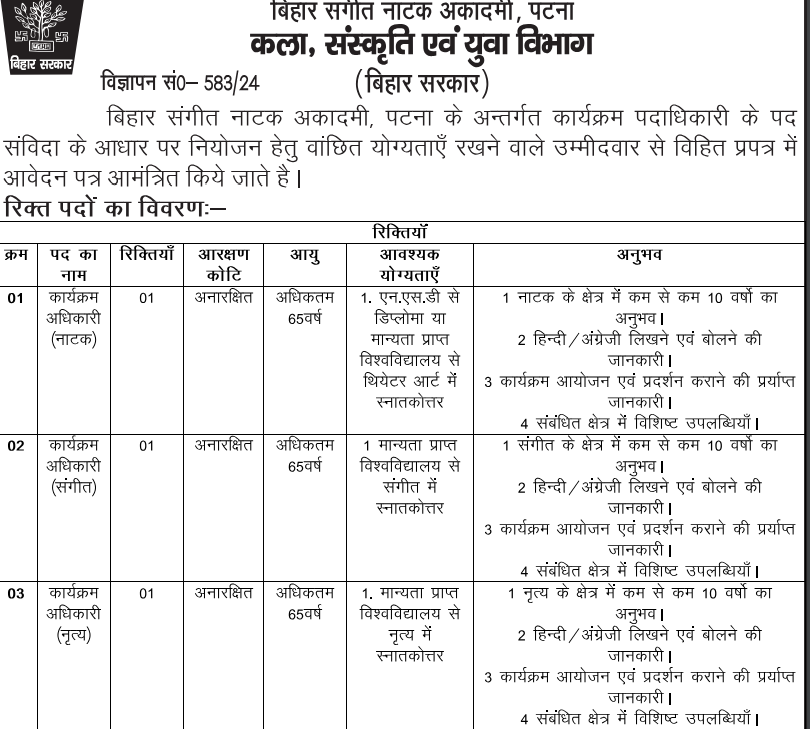 Bihar Sangeet Natak Academy Recruitment 2024