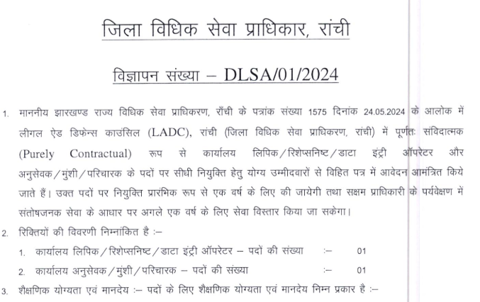 Civil Court Ranchi Peon and Clerks, DEO Recruitment 2024