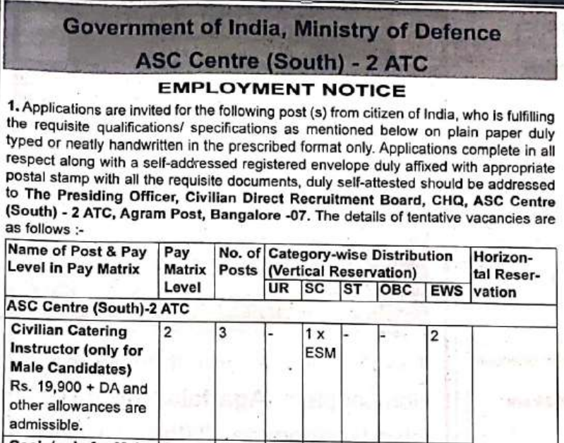 Army ASC Centre (South) – 2 ATC Recruitment 2024